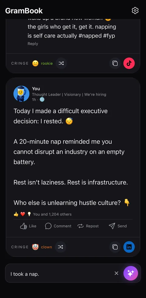 GramBook turning “I took a nap” into LinkedIn thought leadership